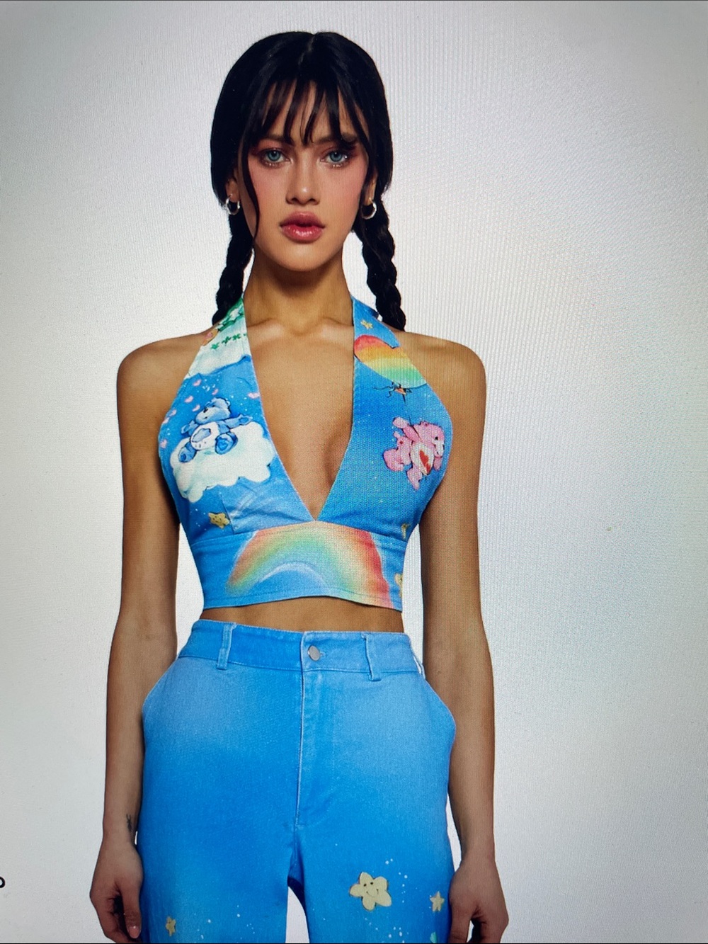 Dolls Kill x Care Bears Women’s Y2K Denim Rainbow Love Bears All Halter Top-  M - Picture 2 of 10